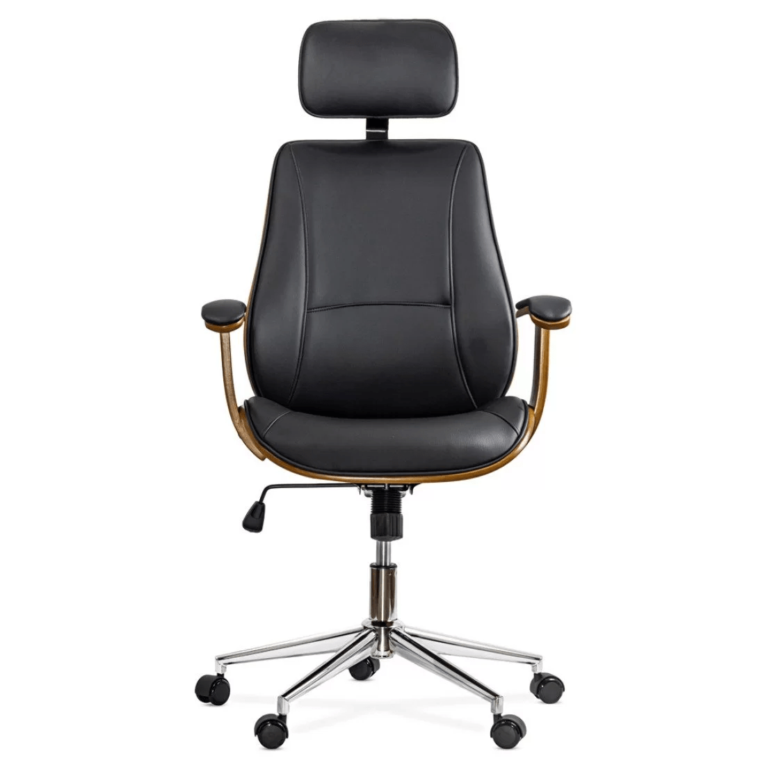 Scaun birou executiv piele insertii lemn cadru cromat OFF1606 Coach NEGRU