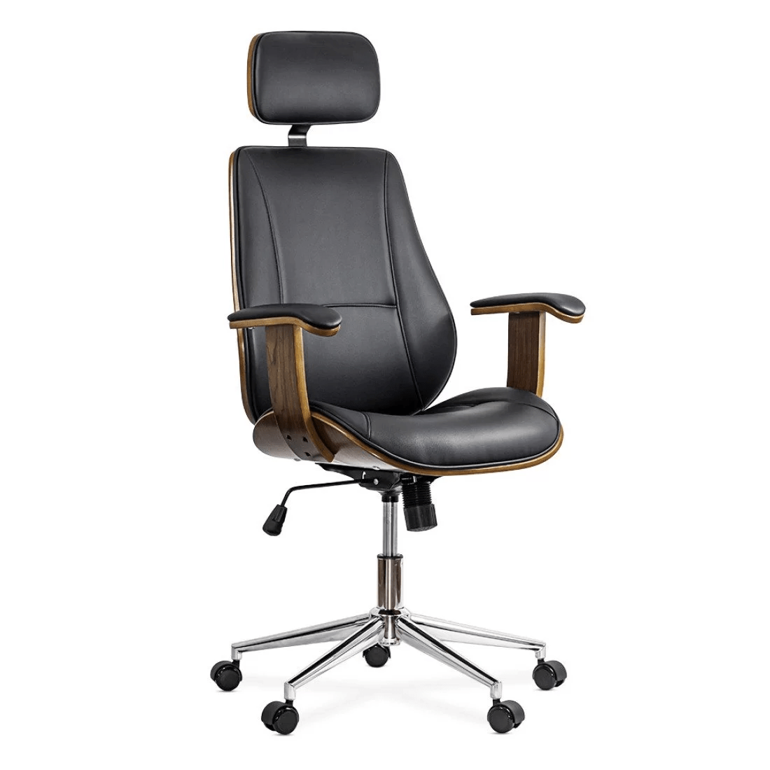 Scaun birou executiv piele insertii lemn cadru cromat OFF1606 Coach NEGRU