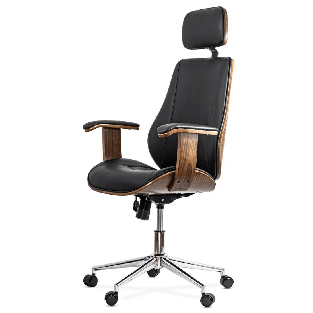 Scaun birou executiv piele insertii lemn cadru cromat OFF1606 Coach NEGRU