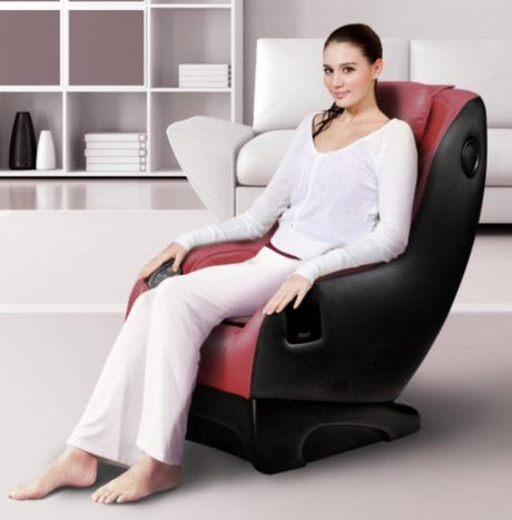 Fotoliu Masaj Piele Rosu Bluetooth Boxe Telecomanda Integrate Suport Smartphone Perne Aer Role 3D Sina SL 110 cm Komoder KM151