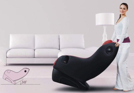 Fotoliu Masaj Piele Rosu Bluetooth Boxe Telecomanda Integrate Suport Smartphone Perne Aer Role 3D Sina SL 110 cm Komoder KM151