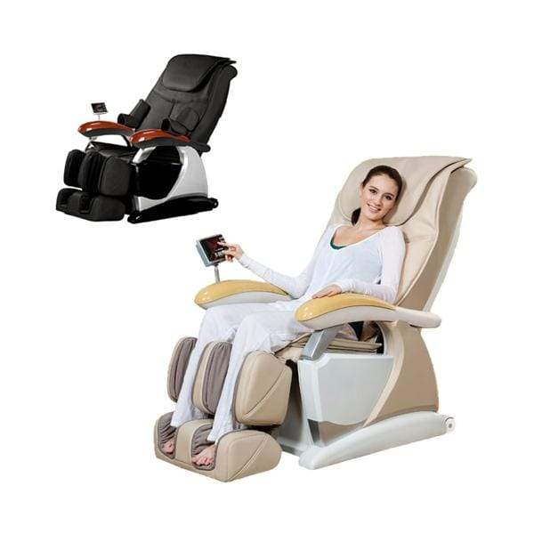 Scaun masaj role piele bej motorizat reclinabil pat functie incalzire 37 perne aer dual VHD iRest A18-3 DHT