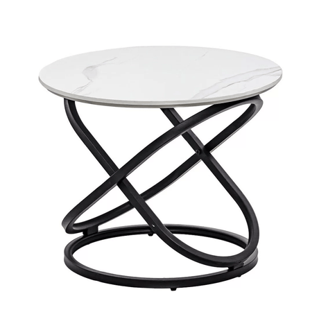 Masuta cafea rotunda blat alb marmorat cadru metalic negru BUC14 White Stone