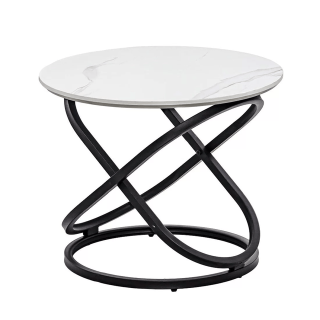 Masuta cafea rotunda blat alb marmorat cadru metalic negru BUC14 White Stone