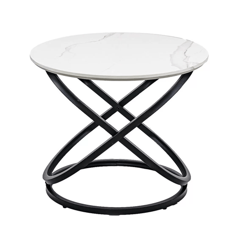 Masuta cafea rotunda blat alb marmorat cadru metalic negru BUC14 White Stone