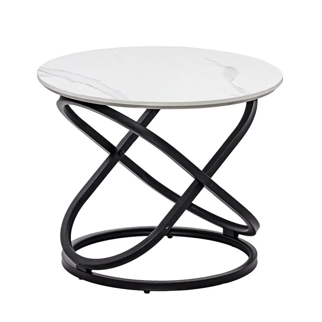 Masuta cafea rotunda blat alb marmorat cadru metalic negru BUC14 White Stone