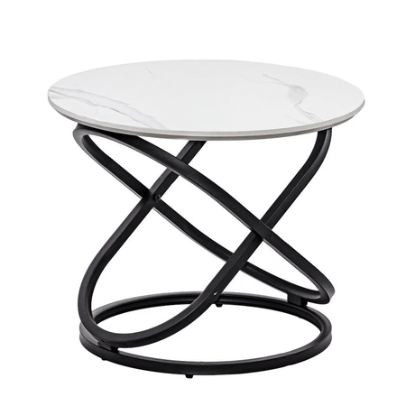 Masuta cafea rotunda blat alb marmorat cadru metalic negru BUC14 White Stone