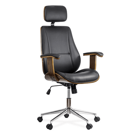 Scaun birou piele insertii lemn cadru cromat OFF1606 Coach NEGRU